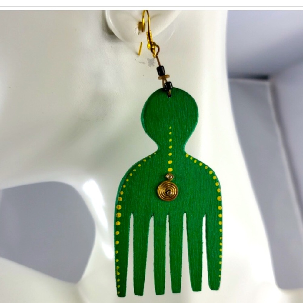 New, Handmade, Wooden, Hair Pick, Hook Earrings, Green